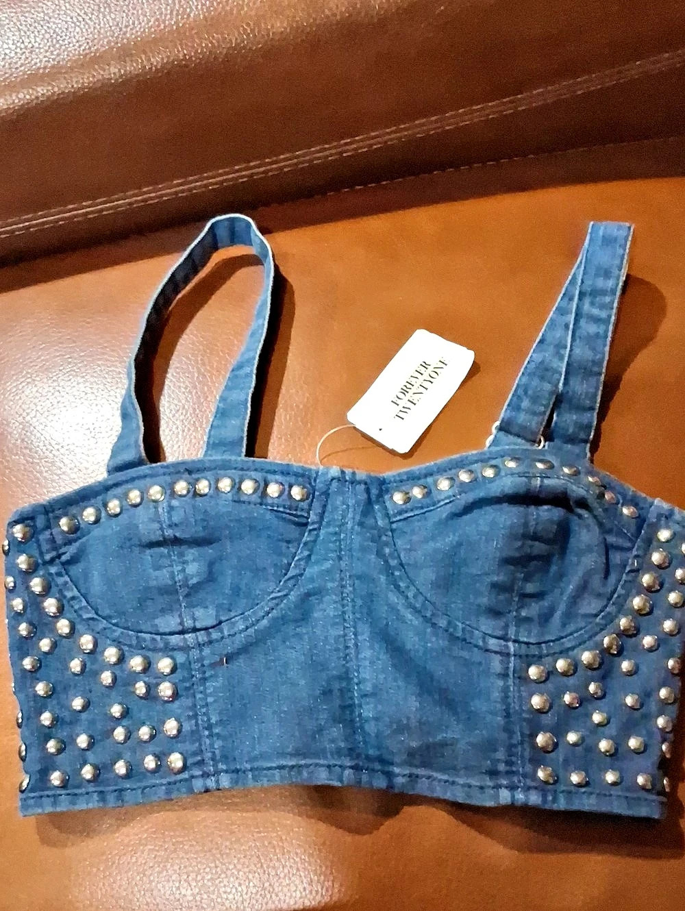 Forever 21 Studded Denim Crop Top in Blue
